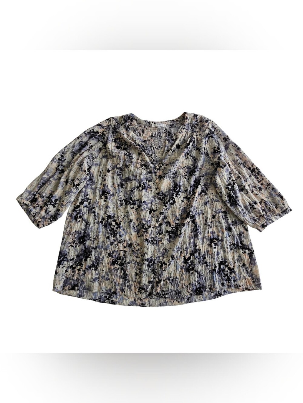 Rose & Olive Floral Smocked V-Neck Blouse in Cream and Blue